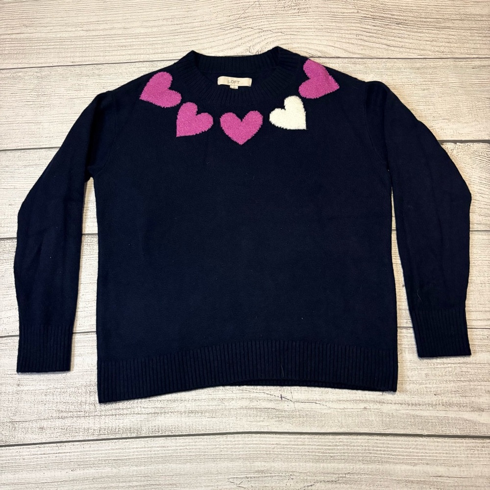 LOFT Navy Heart Sweater Pink & White Heart Crewneck Knit‎ Pullover Size Large